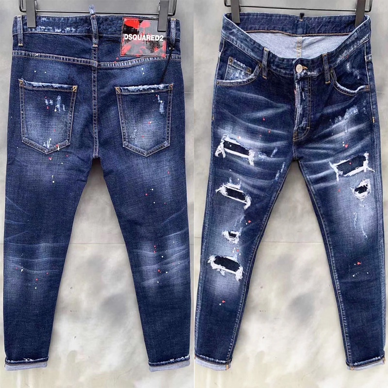 New slim fit small straight jeans men's DSQ damaged paint D2 | Shopee ...