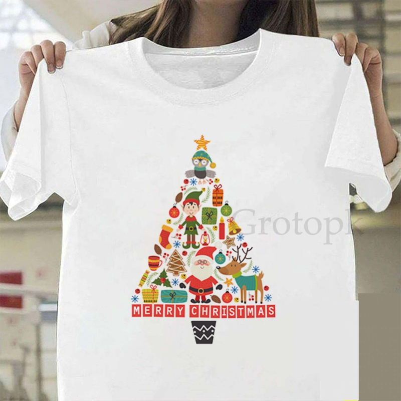 Christmas Tree Print T Shirt For Women Short Sleeve Vintage Tumblr