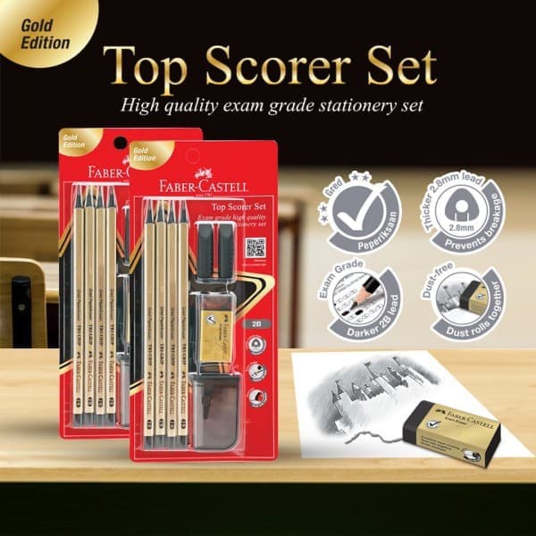 Faber- Castell 2B Top Scorer Set -212143 Gold Pencil/Eraser/Sharpener/Eraser Cap