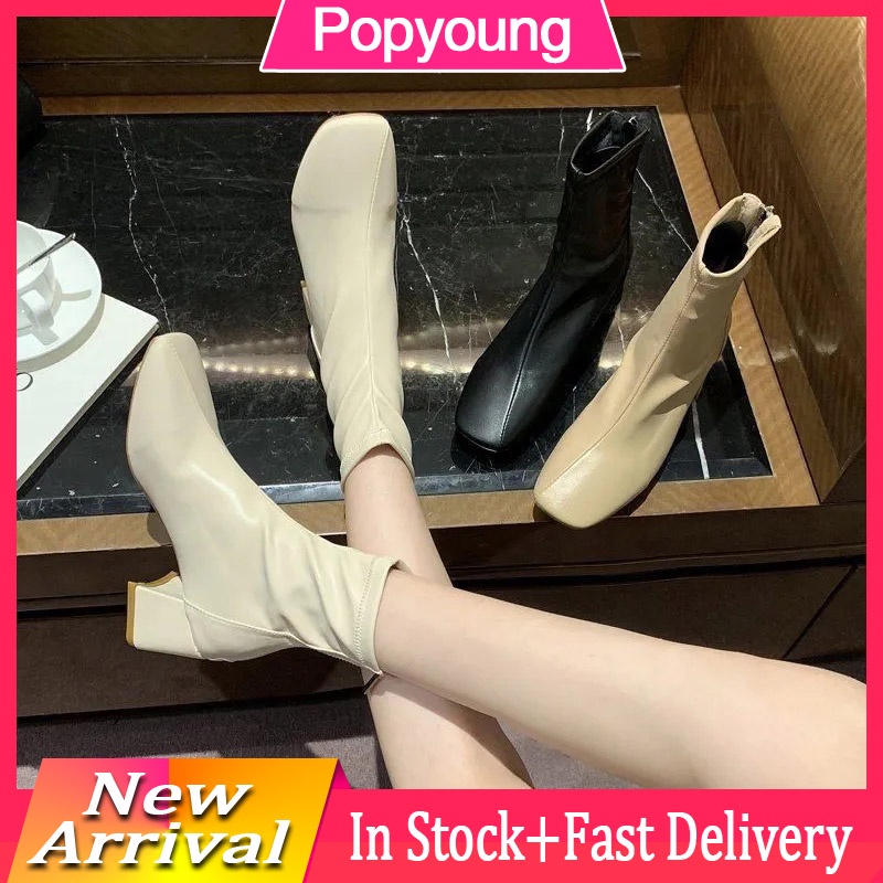 2024 Raya Malaysia Ready Stock kasut perempuan Martin single 6cm Heel Winter boots square toe thick high heel ankle boot fashion back zip tube women's shoes