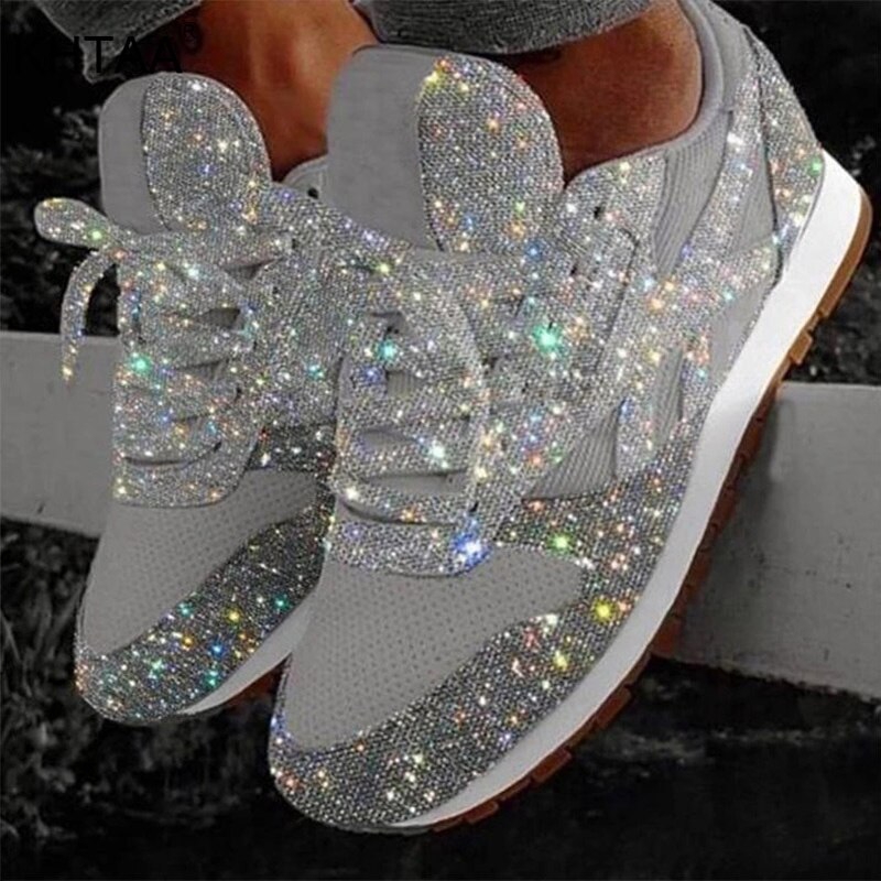 Women Flat Glitter Sneakers Casual Female Mesh Lace Up Bling Platform Comfortable Plus Size Vulcanized Crystal Shining