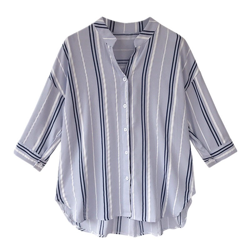  DEALS20 Women Blouse  Korean Stripe Shirt  Half  Sleeve V 