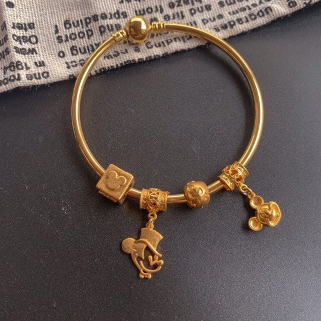 New 2021 Disney 24k Gold Bangle Pandora Charm 24k 仿黄金潘朵拉吊坠米奇款式手肘