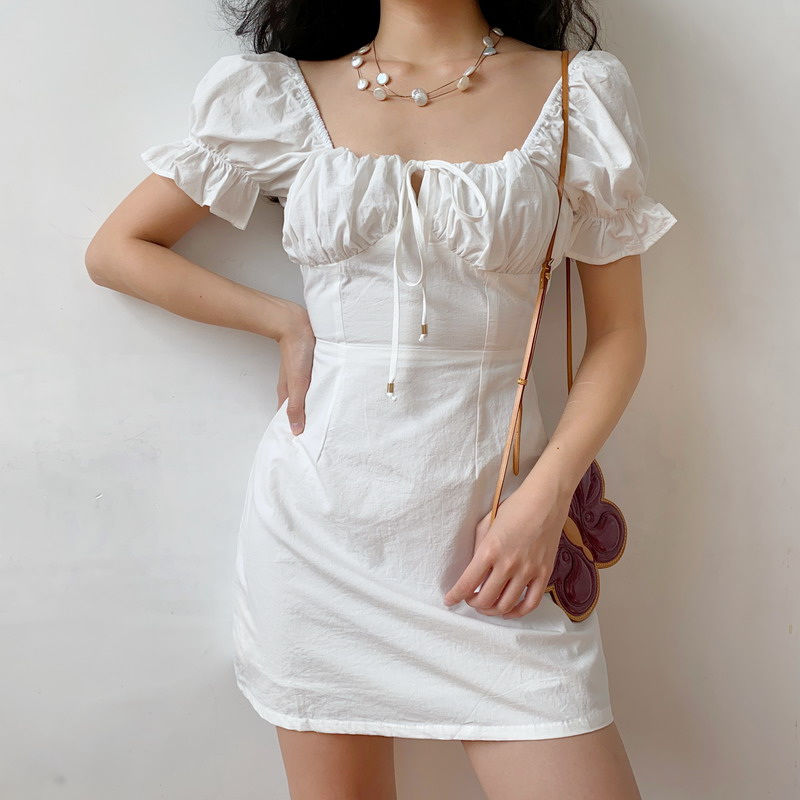 French retro square neck bubble sleeve white dress | Shopee Malaysia