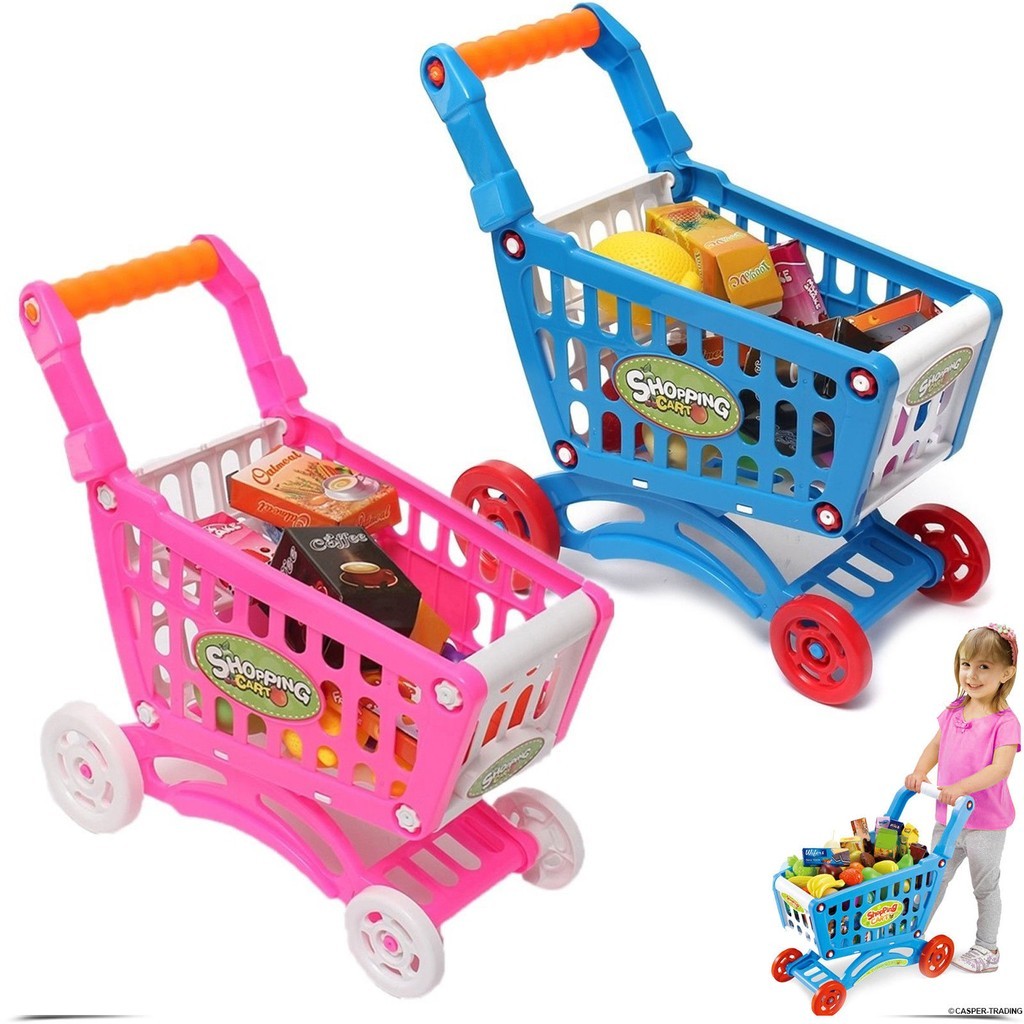 Kids Children's Shopping Trolley Cart Role Play Set Toy Plastic Fruit Food Blue 