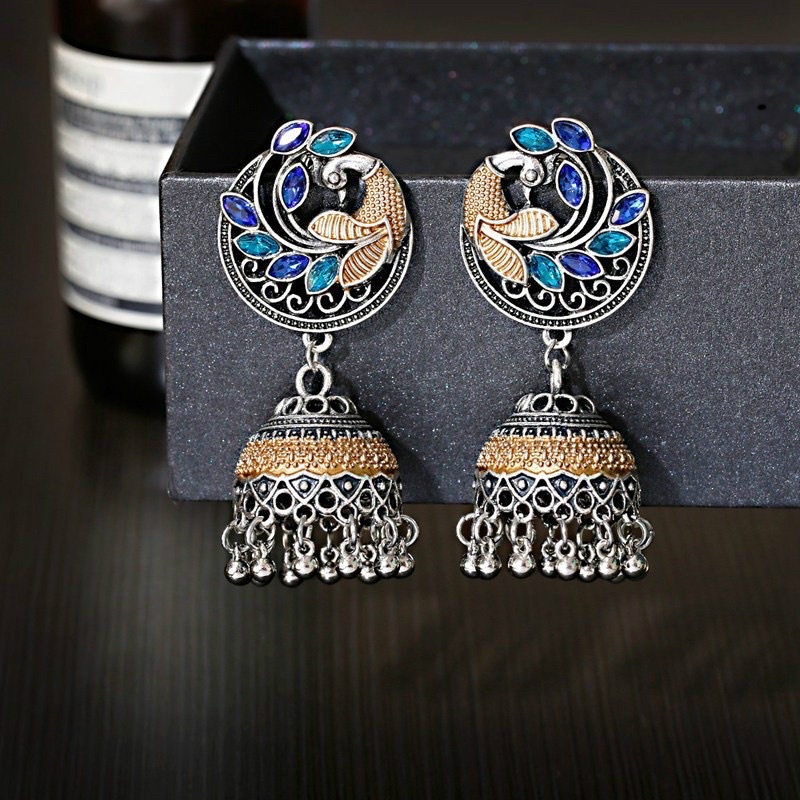 Vintage Silver Color Rhinestone Jewelry Peacock Flower Alloy Bollywood Oxidized Earrings For Women Ethnic Jhumka.