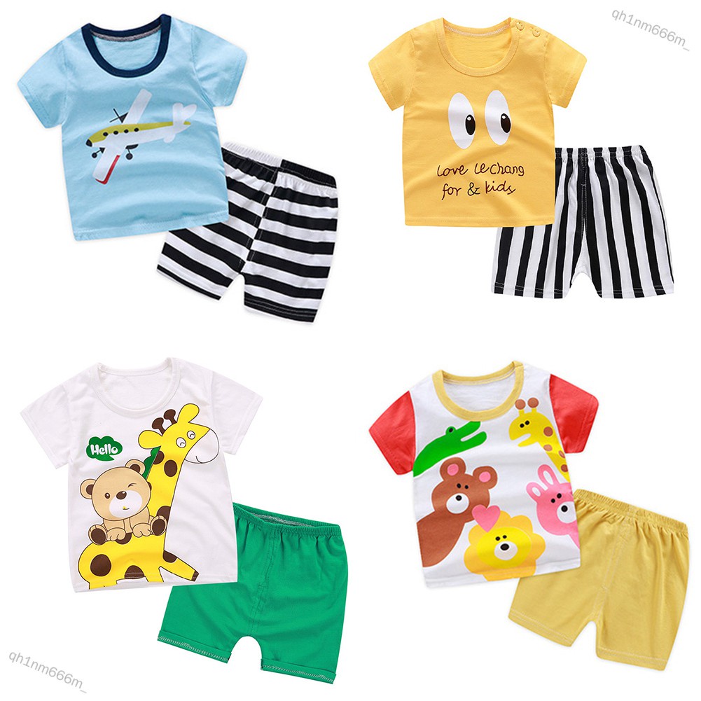 qh1nm666m_ 2 Pcs/set Girls Boys Baby Cartoon Printing Short Sleeve Tops+Shorts Summer Suit