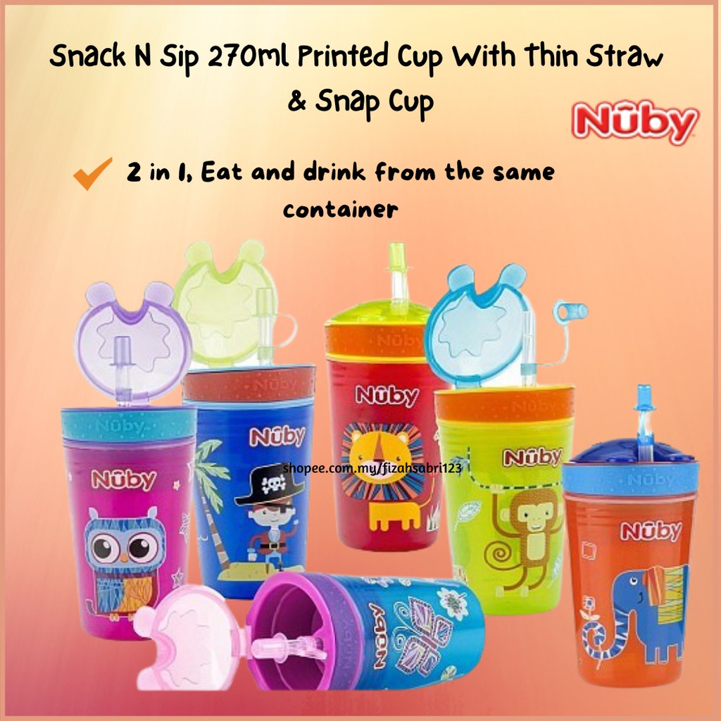 NUBY SNACK N SIP CUP 270ML PRINTED CUP WITH THIN STRAW AND SNAP CUP