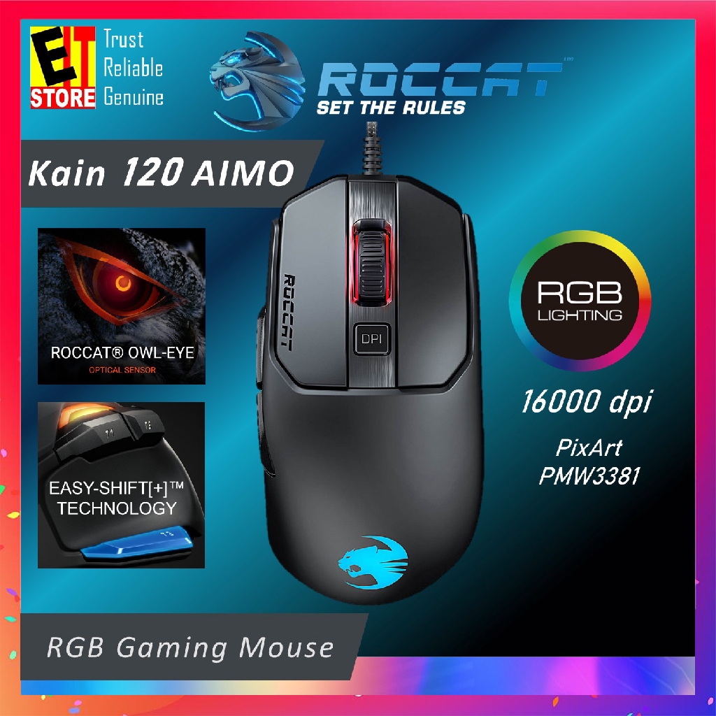 Roccat Kain 1 Aimo Rgb Gaming Mouse Black Roc 11 612 Bk Shopee Malaysia