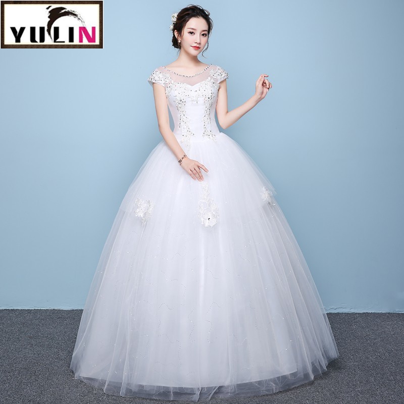 Simple Lace Sequin Short Sleeve Wedding Bridal Gown Evening Dress