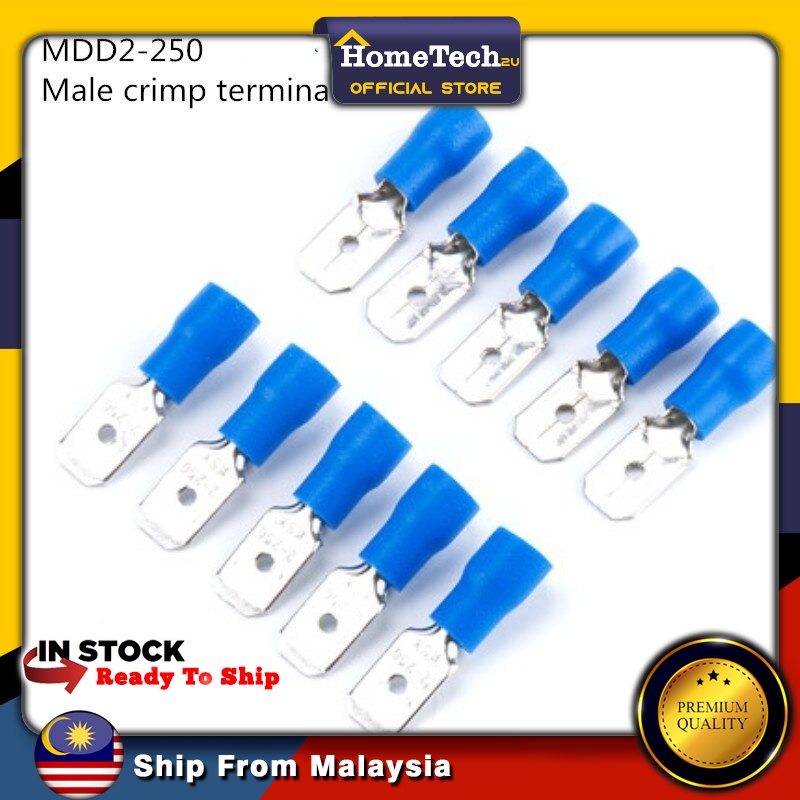 MDD2-250 6.3mm Cable lug Clip Wire Connector Male Insulated Electrical Crimp Terminal for 1.5-2.5mm2 Connectors Cable