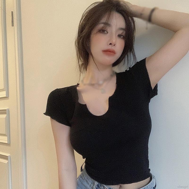 Women Korean Summer Solid Color T Shirt V Neck Sexy Slim Short Sleeved Crop Tops Shopee Malaysia 5047