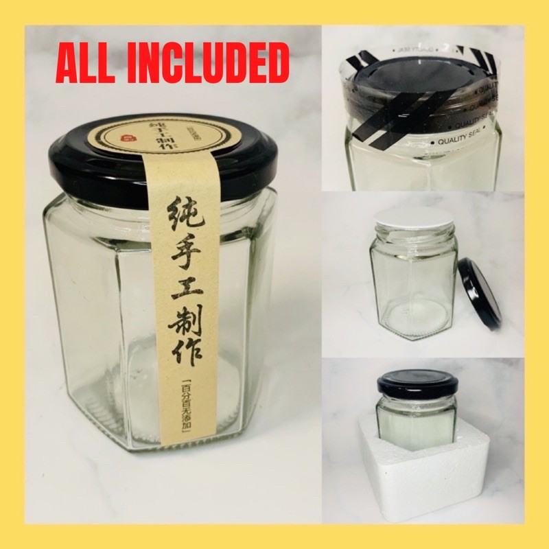 [READY STOCK] 180ML Hexagon Glass Jar Round Bottle Plastic Sealer