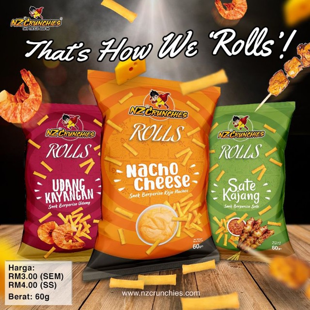 NZ Rolls | NZ Crunchies Pouch | 8 flavours | 8 perisa | 60g | Snek kulit popia berperisa | Savoury snacks