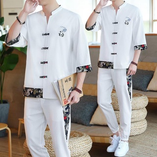 Casual suit men's thin fashion Chinese Tang style shirt one set with handsome ice silk two-piece set休闲套装男士薄款潮流中国风唐装衬衫一套搭配帅气冰丝两件套maihyu.my11.25