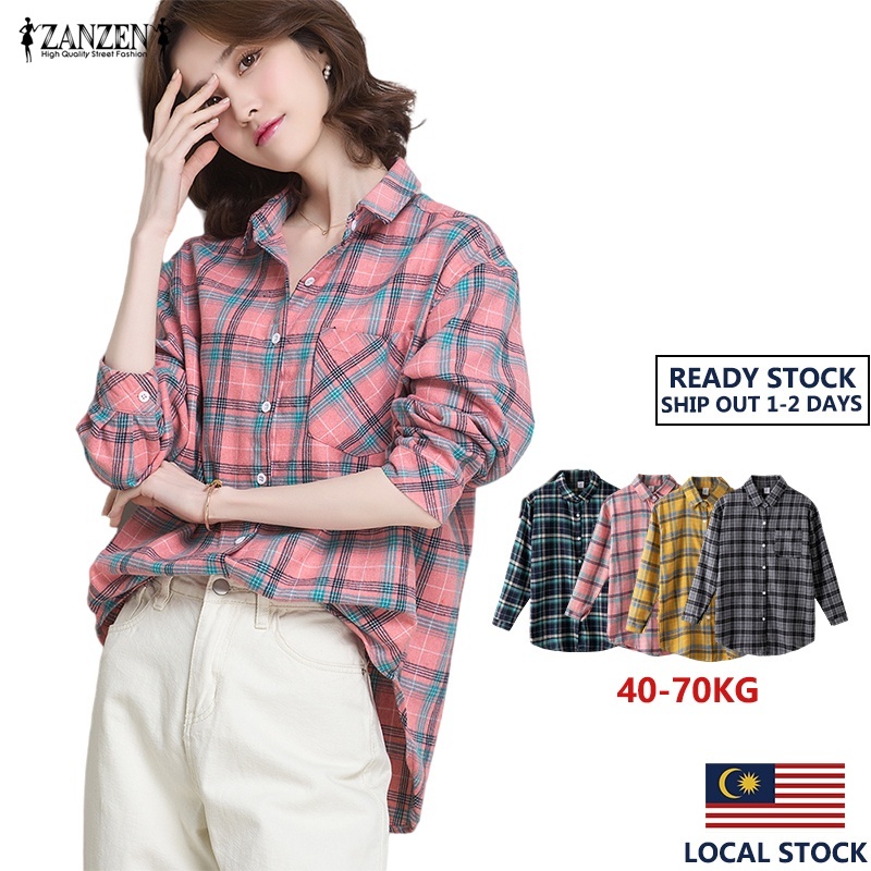 ZANZEN Korean Style Women Blouse Long Sleeve Shirt Women's Loose plaid