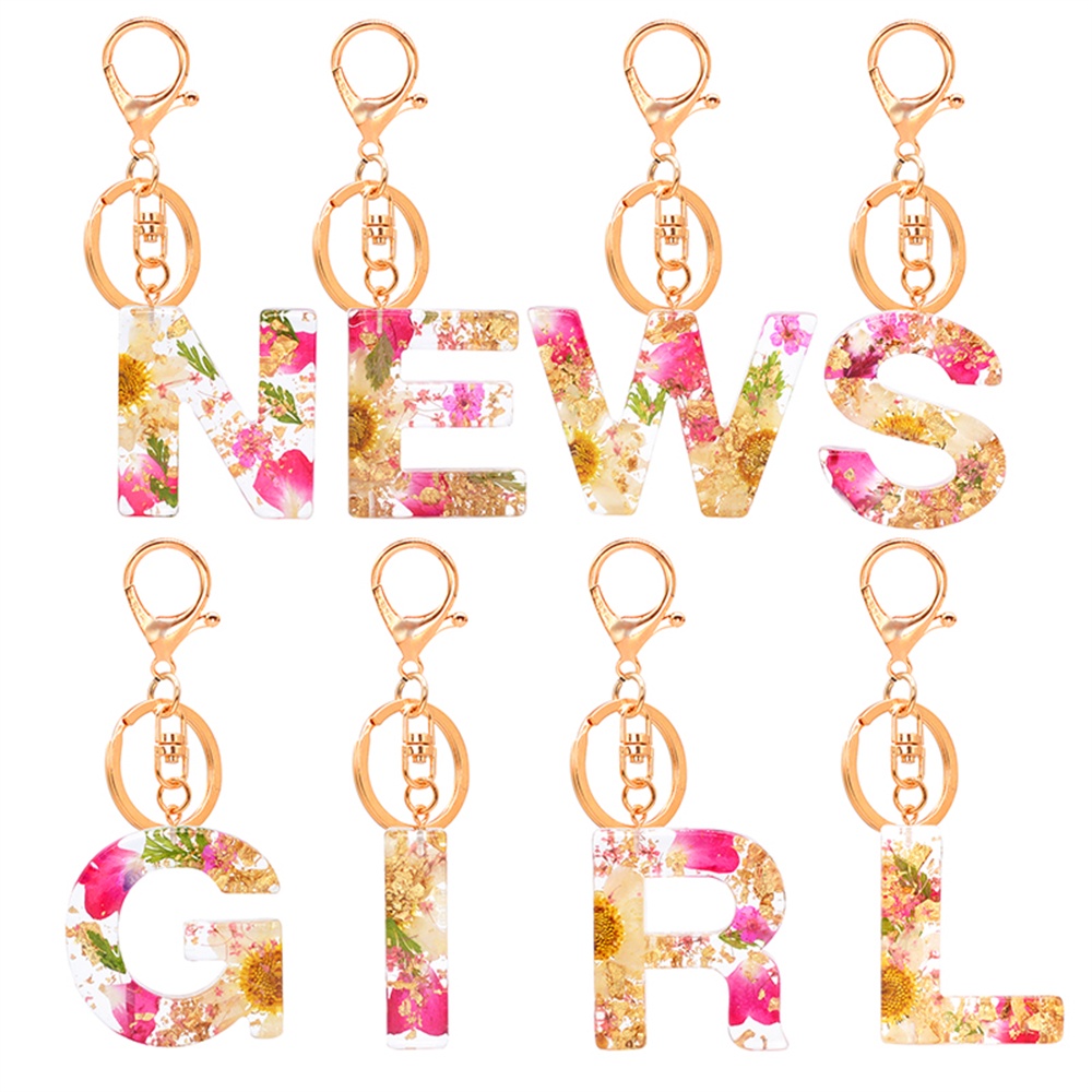 A-Z 26 Letter Pendant Keychains Resin Dried Flower Alphabet Keyring ...