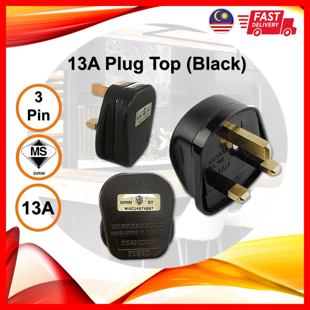 (SIRIM) High Quality 13A Plug Top Socket 3 Pin UK Plug Black Plug Hitam