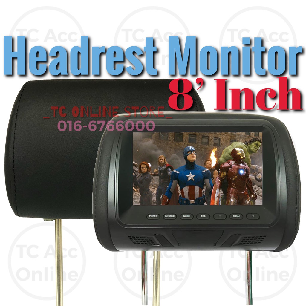 2 Pcs 8" TFT LCD Headrest Monitor With Universal Mount Pillow Black