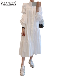 Image of ZANZEA Women Puff Sleeve Lapel Stand Up Collar Pleated Long Dress
