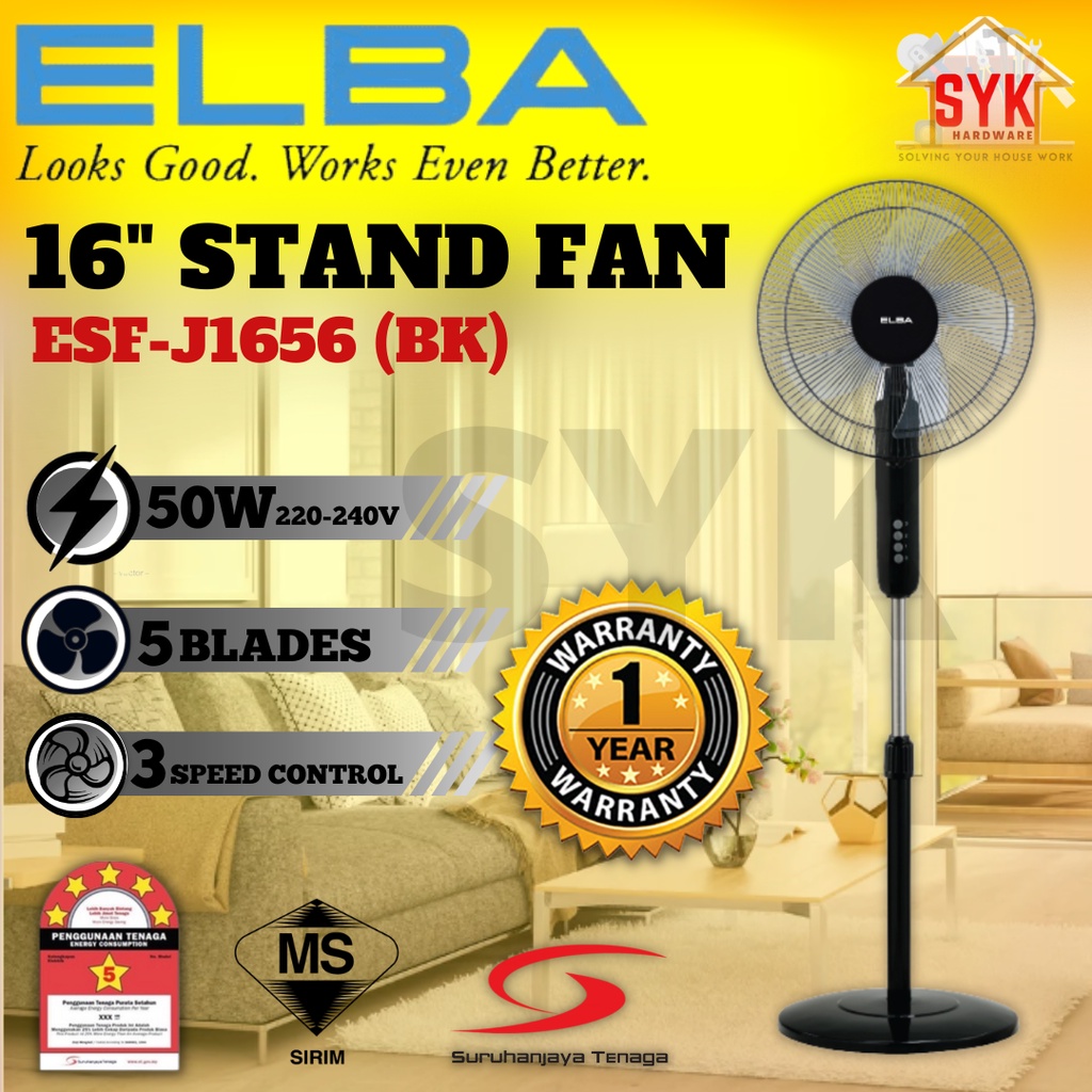 SYK ELBA Stand Fan 16Inch Electric Fan Stand ESF-J1656(BK) Home Appliances Kipas Angin Berdiri Kipas Stand 风扇