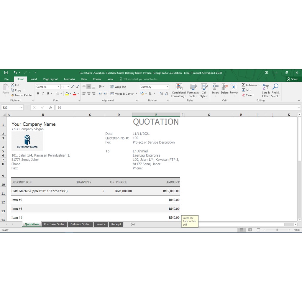Excel Template Quotation, Purchase Order, Invoice, Delivery Order ...