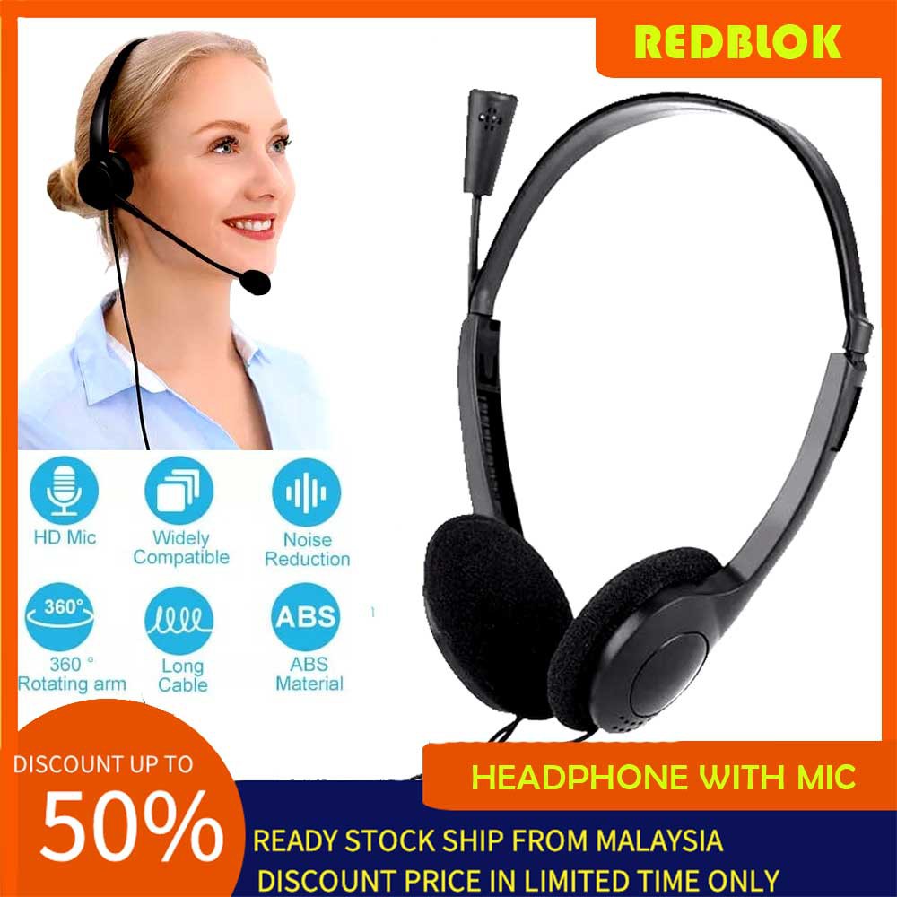 Ready Stock REDBLOK Microphone Wired Headphone Noise Canceling 3.5mm Computer Headset PDPR Online Meeting S90