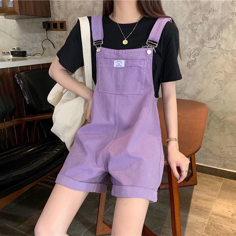 Summer Vintage Purple Jean Jumpsuit Cotton Wide Legs Bib Overalls Women Personality Denim Rompers