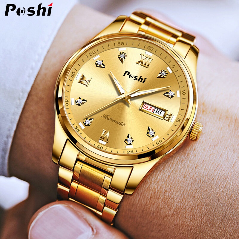 POSHI Watch For Men Water proof Original Luxury Gold Stainless Steel ...