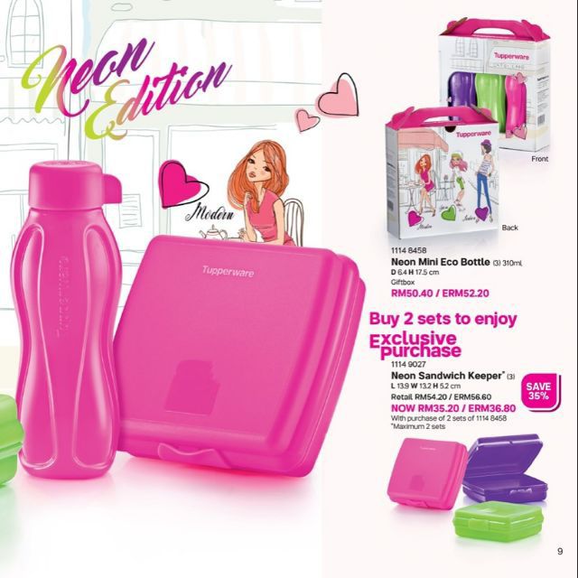 Tupperware neon mini eco bottle 310ml pink green purple with screw cap Plus pwp Neon Sandwich Keeper (3)