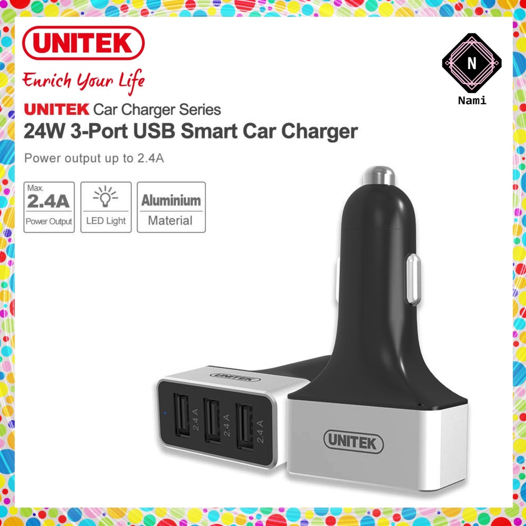 UNITEK USB Multi-port 12 - 24V 3-Port USB Smart Car Charger 2.4A for Smartphone Tablet Protect Over-Heat - Black Y-P539C