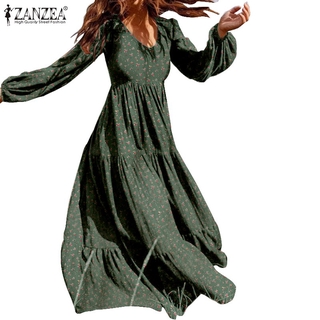 Image of ZANZEN Women Casual Long Puff Sleeve V Neck Printed Swing Maxi Dress