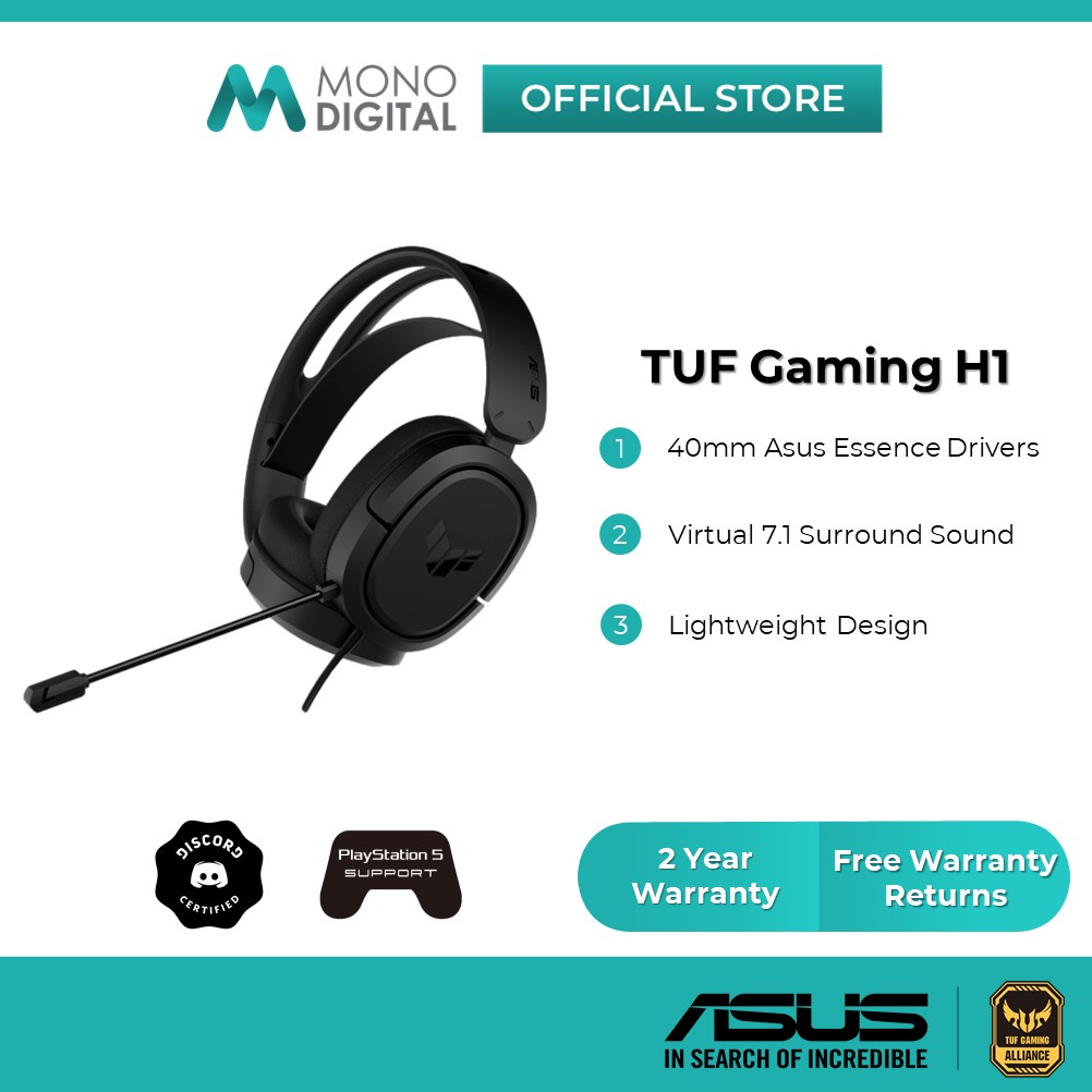 ASUS TUF Gaming H1 Wired / Wireless Lightweight Comfort Cooling Ear-Cushion Gaming Headset with 7.1 Virtual Surround Sound