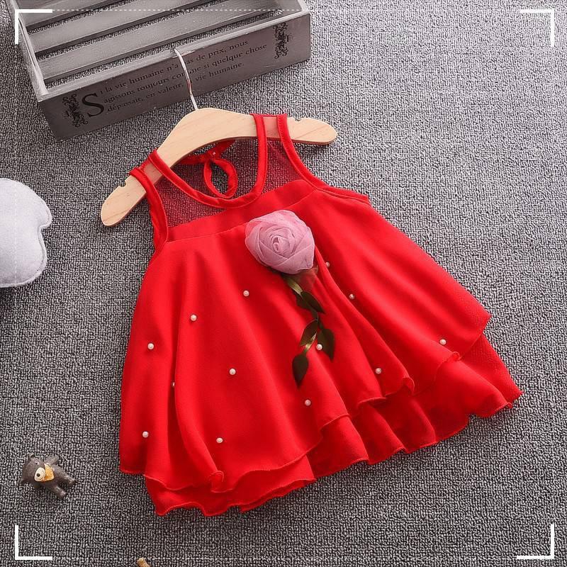 Baby Girls Dress Summer Korean Cute Mesh Flower Beaded Chiffon Sleeveless Children Dresses