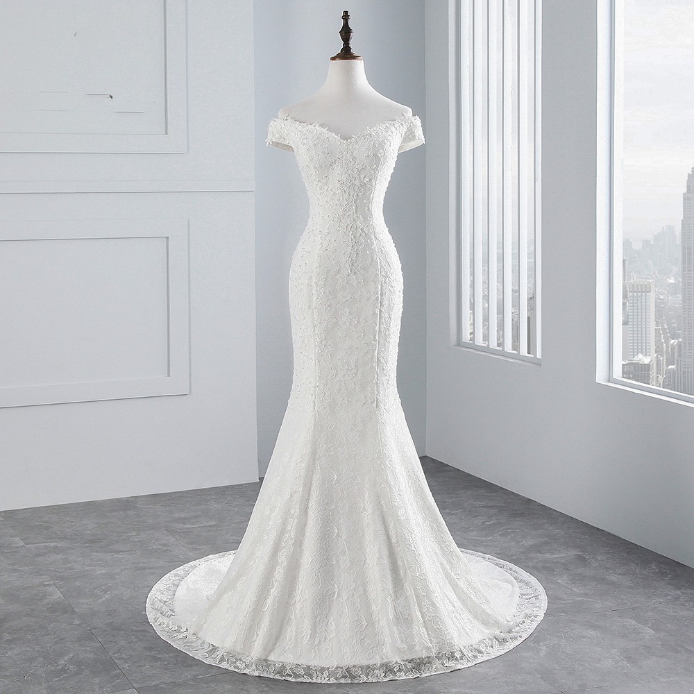 Real Photo Mermaid Lace Wedding Dress Cheap Off Shoulder Sleeves