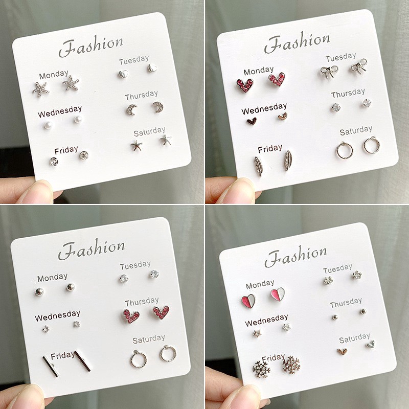 【Stock】6Pcs/Set Simple Korean Stud Earring /Creative Rainbow Cloud Earrings / Pearl Crystal One Week Ins Earring /Korean Cute Set Combination Earrings Accessories