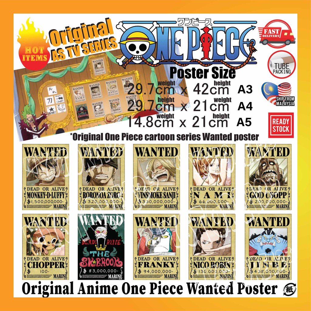 Ready Stock One Piece Luffy Mugiwara Straw Crew Wanted Poster Sticker Real Cartoon Original Series Wanted Poster