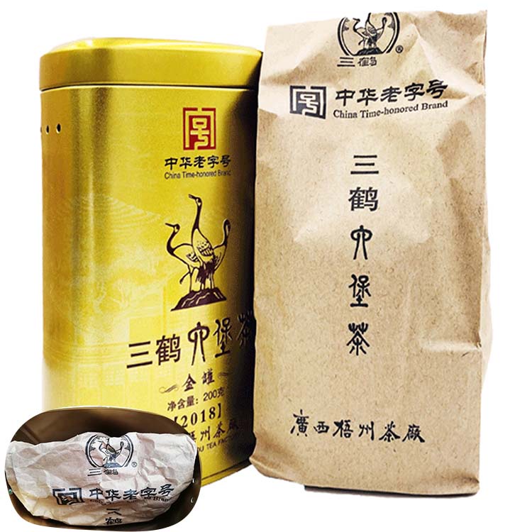 三鹤六堡茶【中华老字号】陈化2017（金罐）2018三级散茶200g罐黑茶liu 