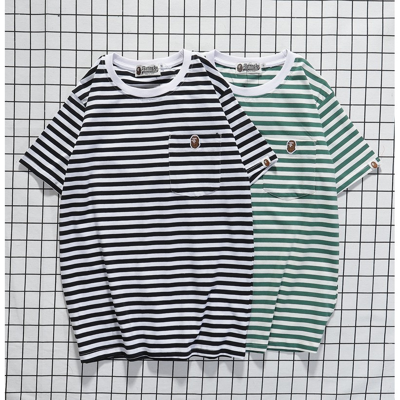 Bathing Ape Bape Small Logo Embroidery Pocket White Black Green Stripe Tshirt Men Women O Neck Short Sleeve Ape T Shirts Shopee Malaysia