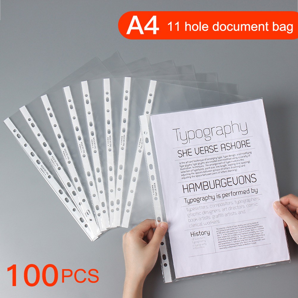 100PCS A4 Loose Leaf Documents Sheet Protectors 11 Holes Plastic