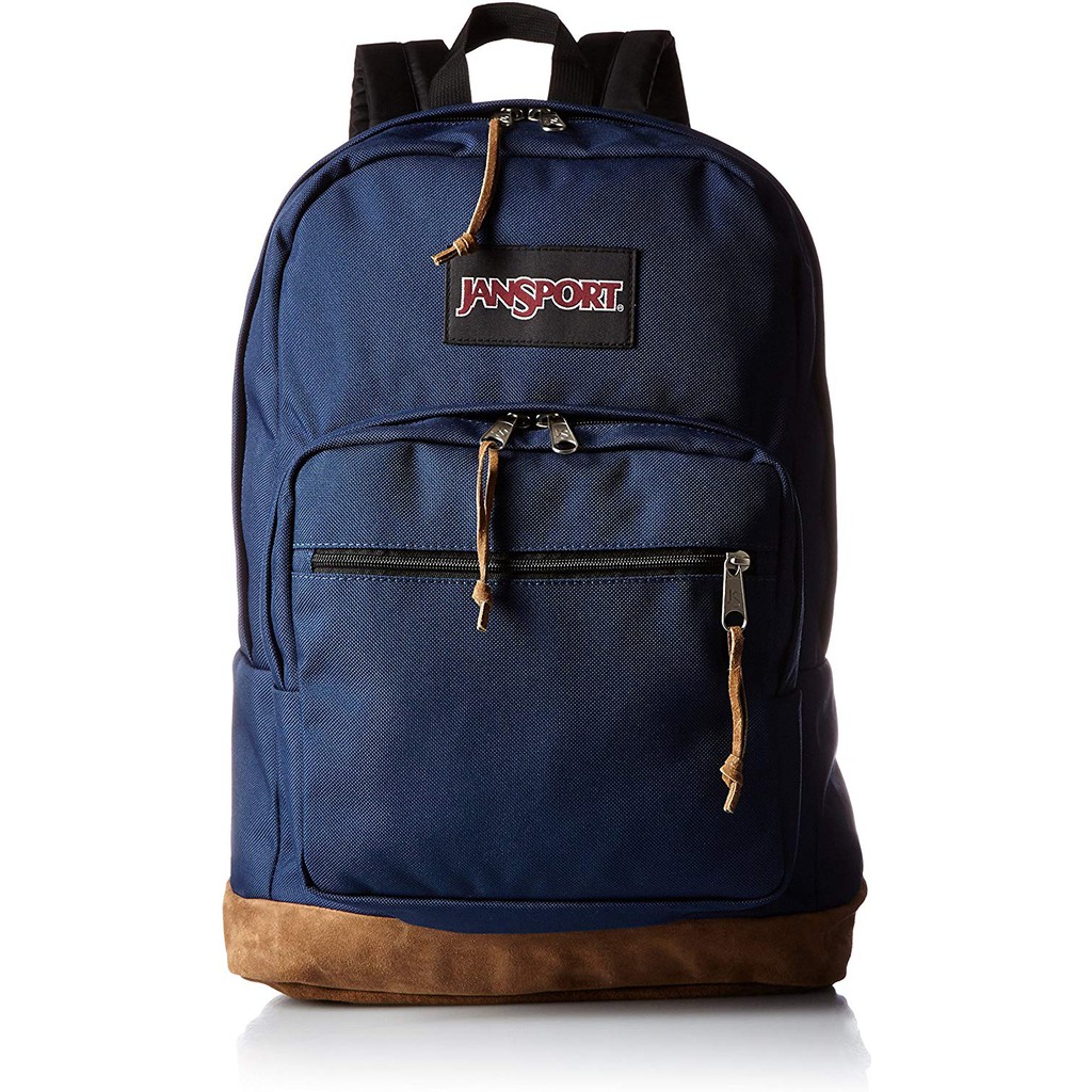 navy blue jansport backpack with leather