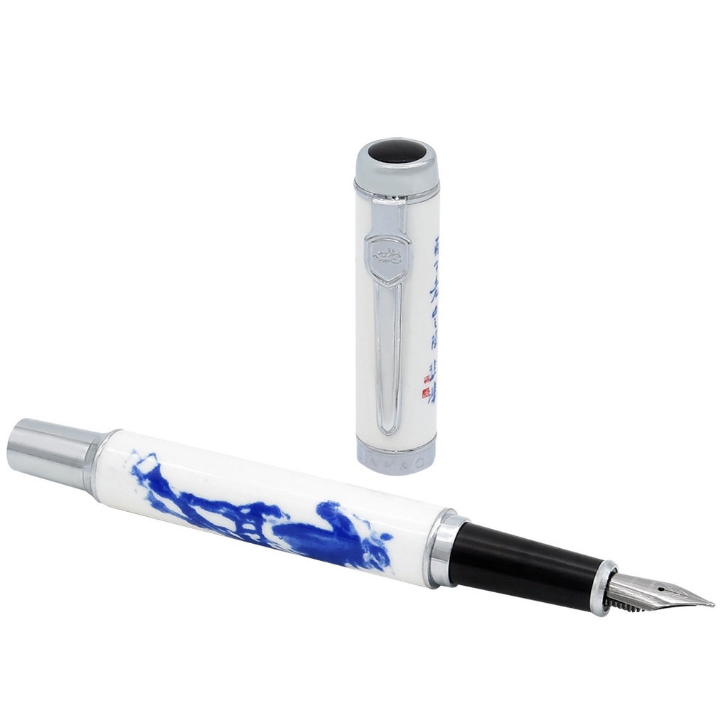 JINHAO #599-A Pearly Grey/Blue Lightweight Fountain Pen Fine Nib Chrome Trim 