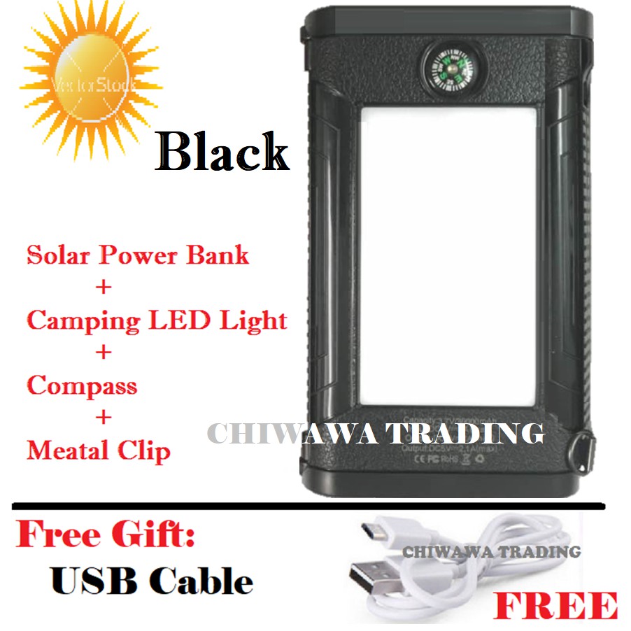 TX20【Free Gift : USB Cable】20000mAh Solar Power Bank + LED Camping Light + Compass