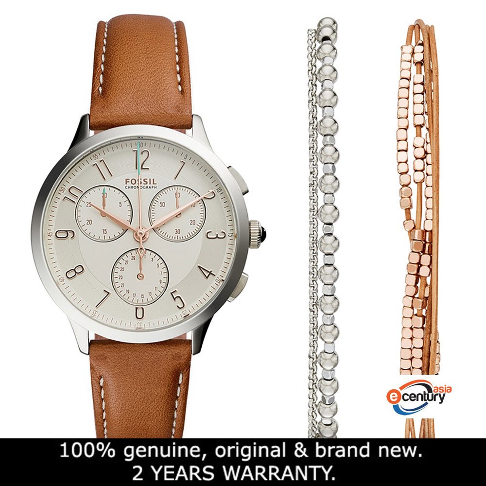 Fossil CH4001SET Women's Quartz Abilene Chronograph Light Brown Leather Watch and Jewelry Box Set