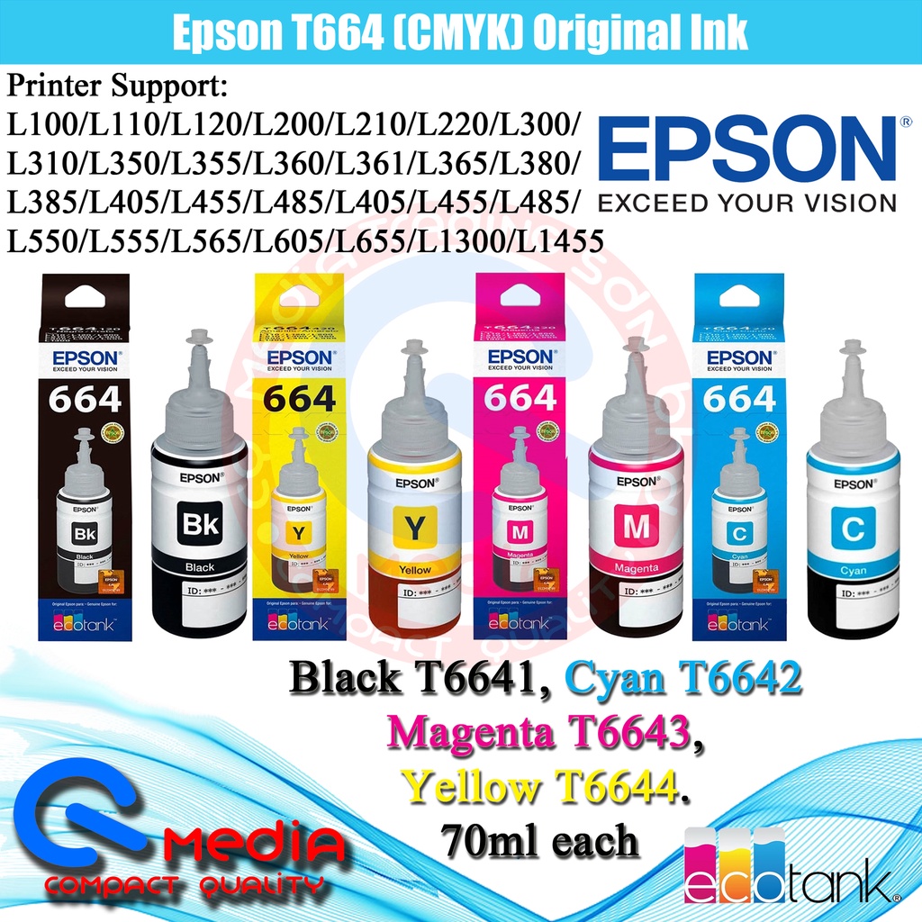 Epson T664 Original Ink 70ml T6641 T6642 T6643 T6644 L210 L360 L220 L110 L1300 L565 L455 4930