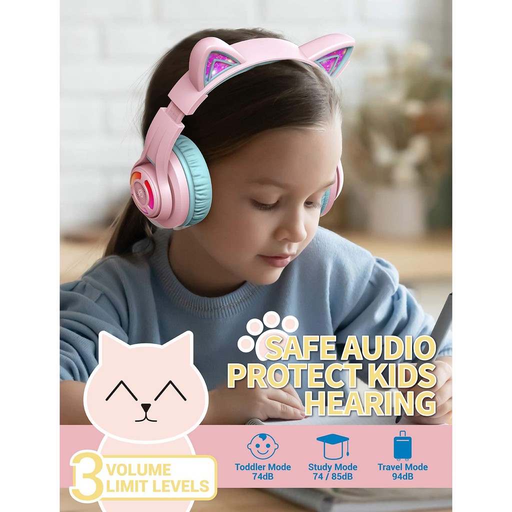 iClever BTH13 Cat Ear Bluetooth Headphones RGB LED Light Up