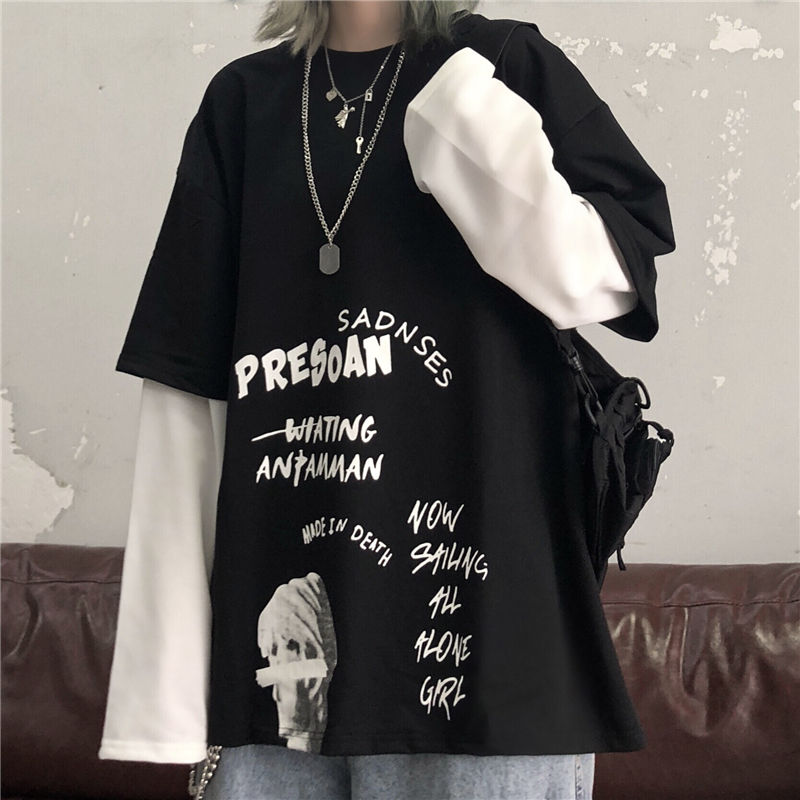 Women Autumn Loose Fake Two-piece Stitching Terlalu Besar Lengan Panjang T-shirt Retro Printed Loose Harajuku Top