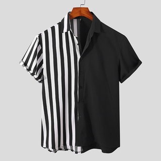 INCERUN Men's Fashion Patchwork Stripe Short Sleeve Buttons Up Summer Shirts