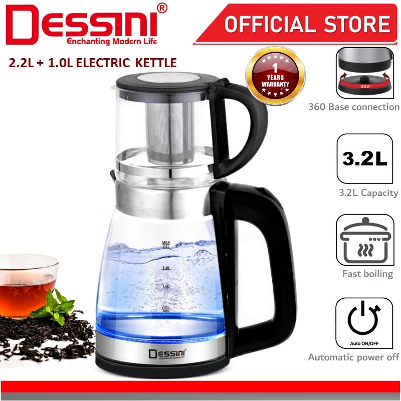 DESSINI ITALY Glass LED Light Electric Kettle Automatic Cut Off Boiler Jug Teapot Cerek (2.2L + 1.0L)