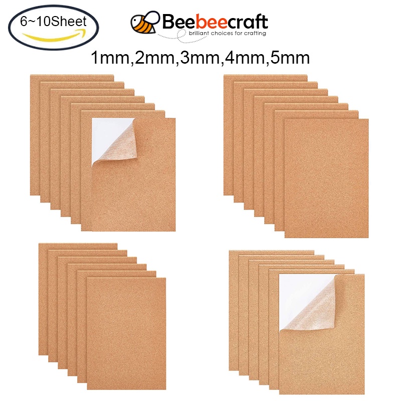 Beebeecraft 6~20 Pack Self-Adhesive or No stickiness A4 Cork Sheets (1/2/3/4/5mm Thick) Rectangle Coaster Cork Backing Sheets for Wall Decoration Party